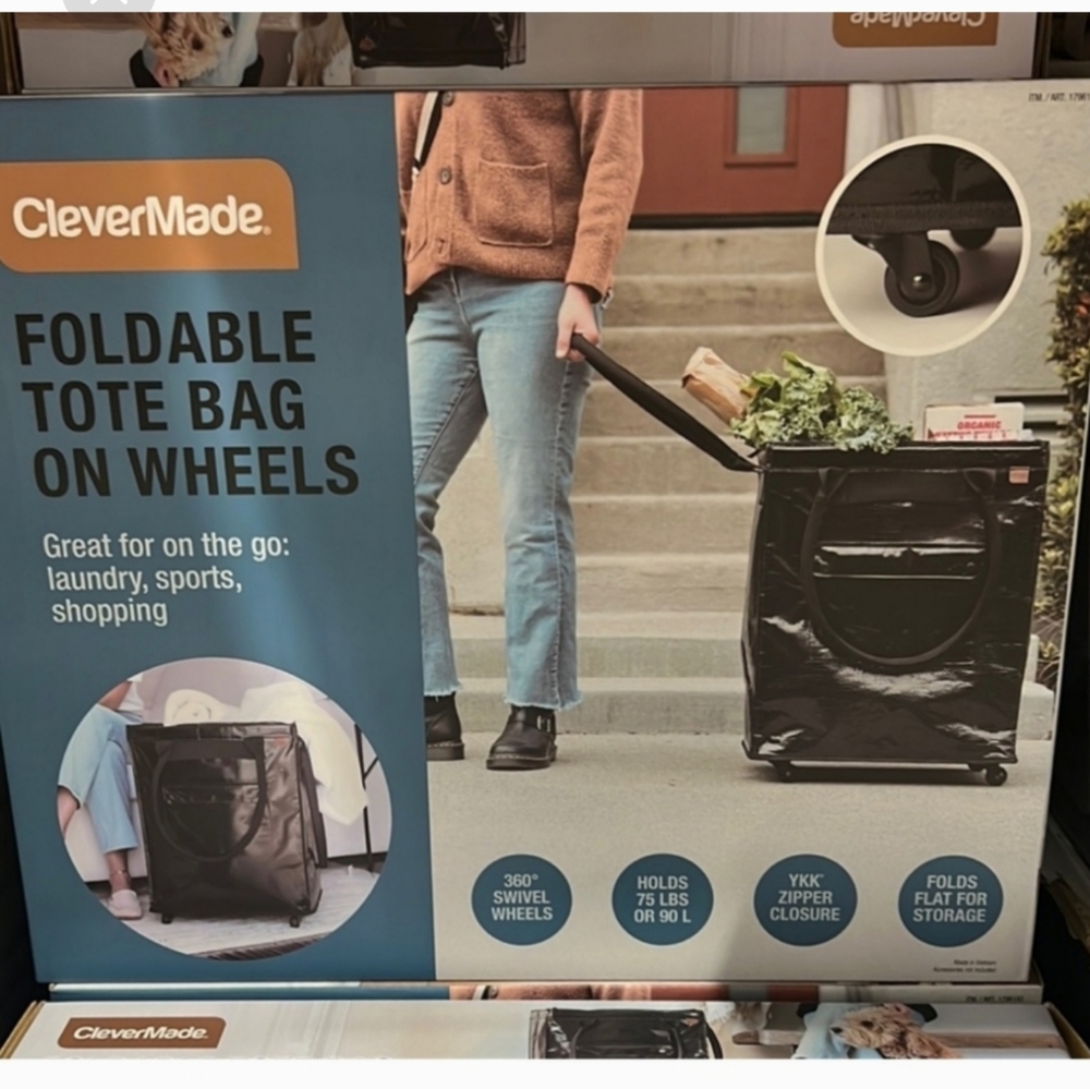 NIB CleverMade Foldable Tote Bag on Wheels - Black, New - Picture 3 of 4